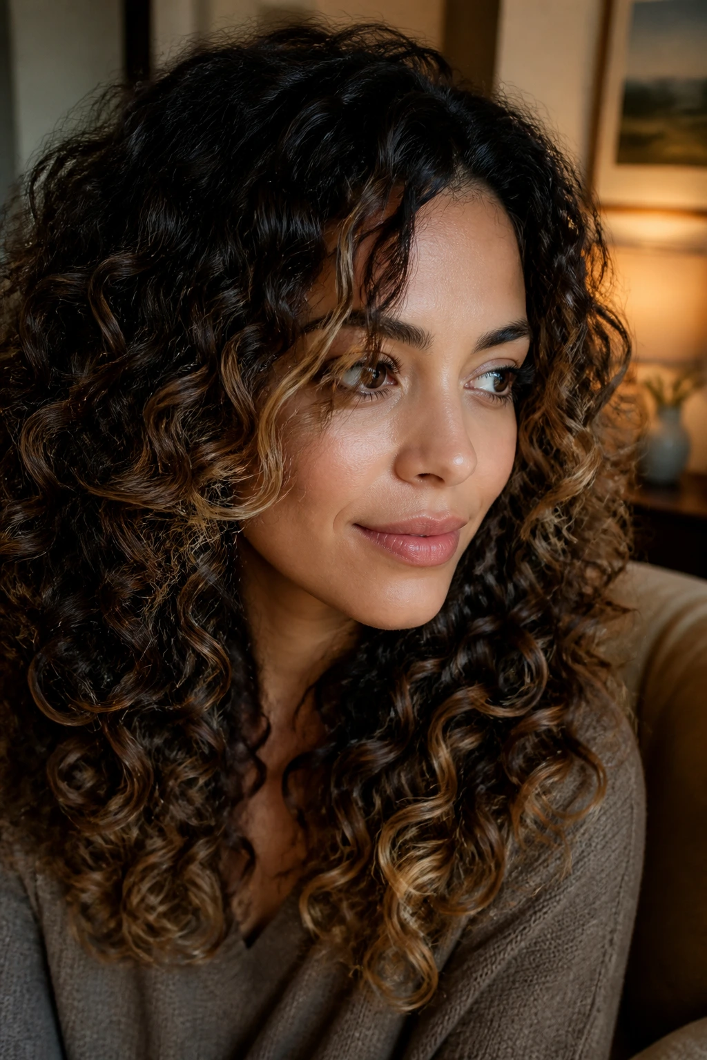 Close-up of a real woman with nutmeg framing around the face and lighter ends on curls