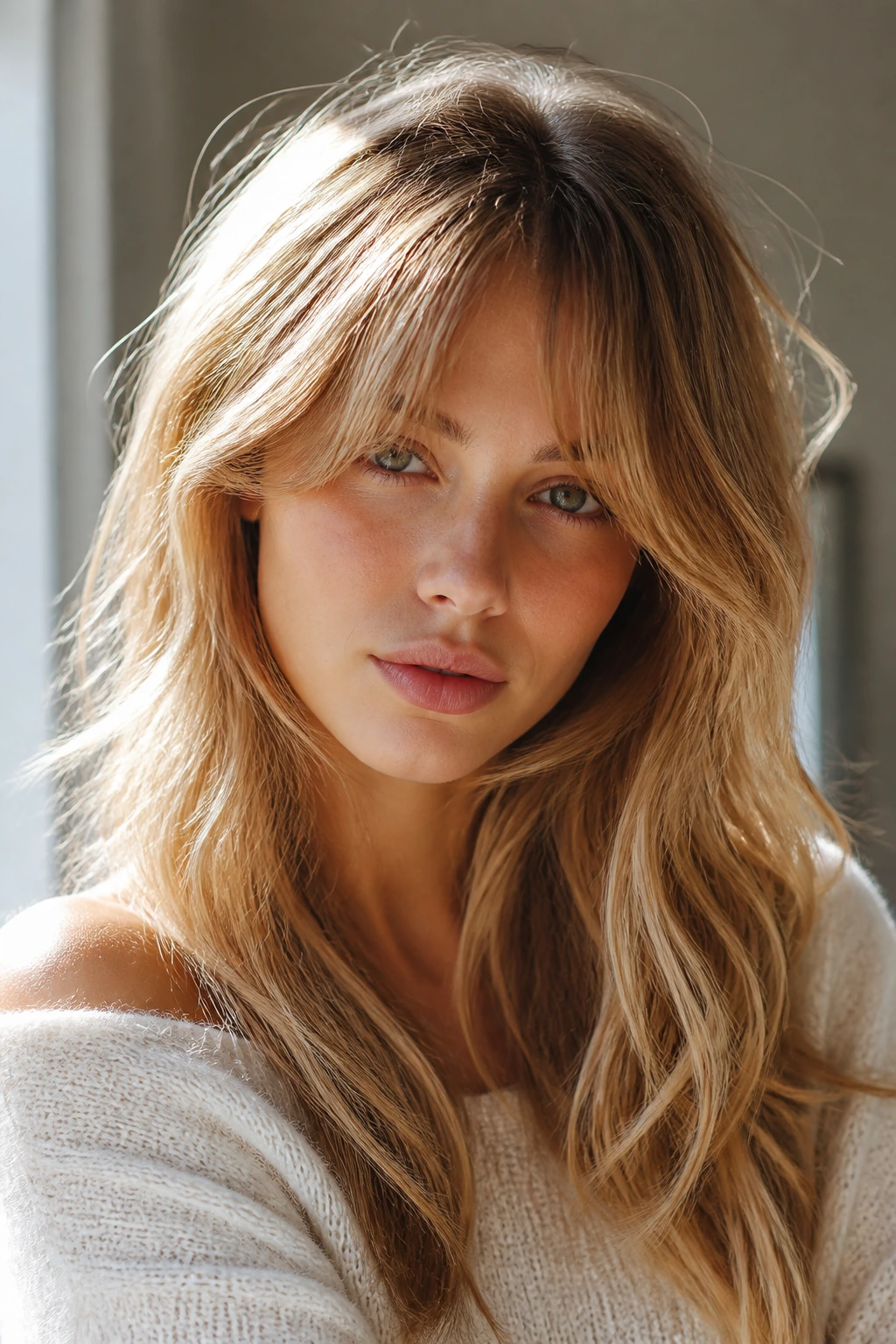 Portrait of a woman with oat blonde and feathered fringe