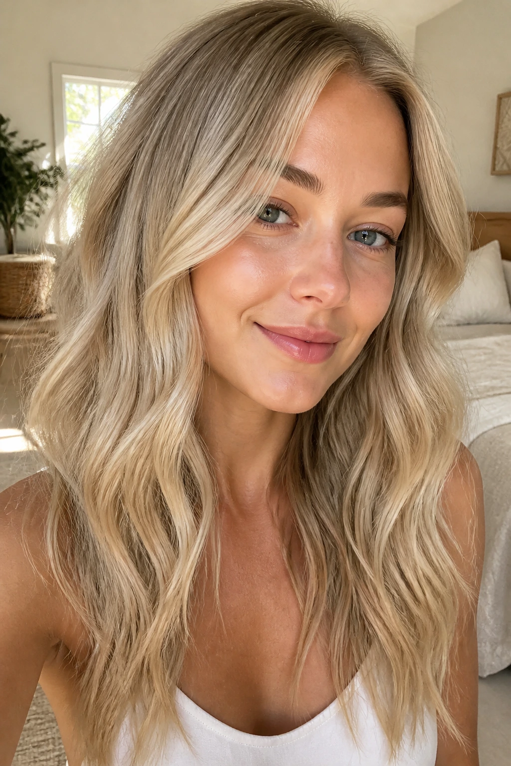 Portrait of a woman with oat milk beige blonde hair in soft daylight