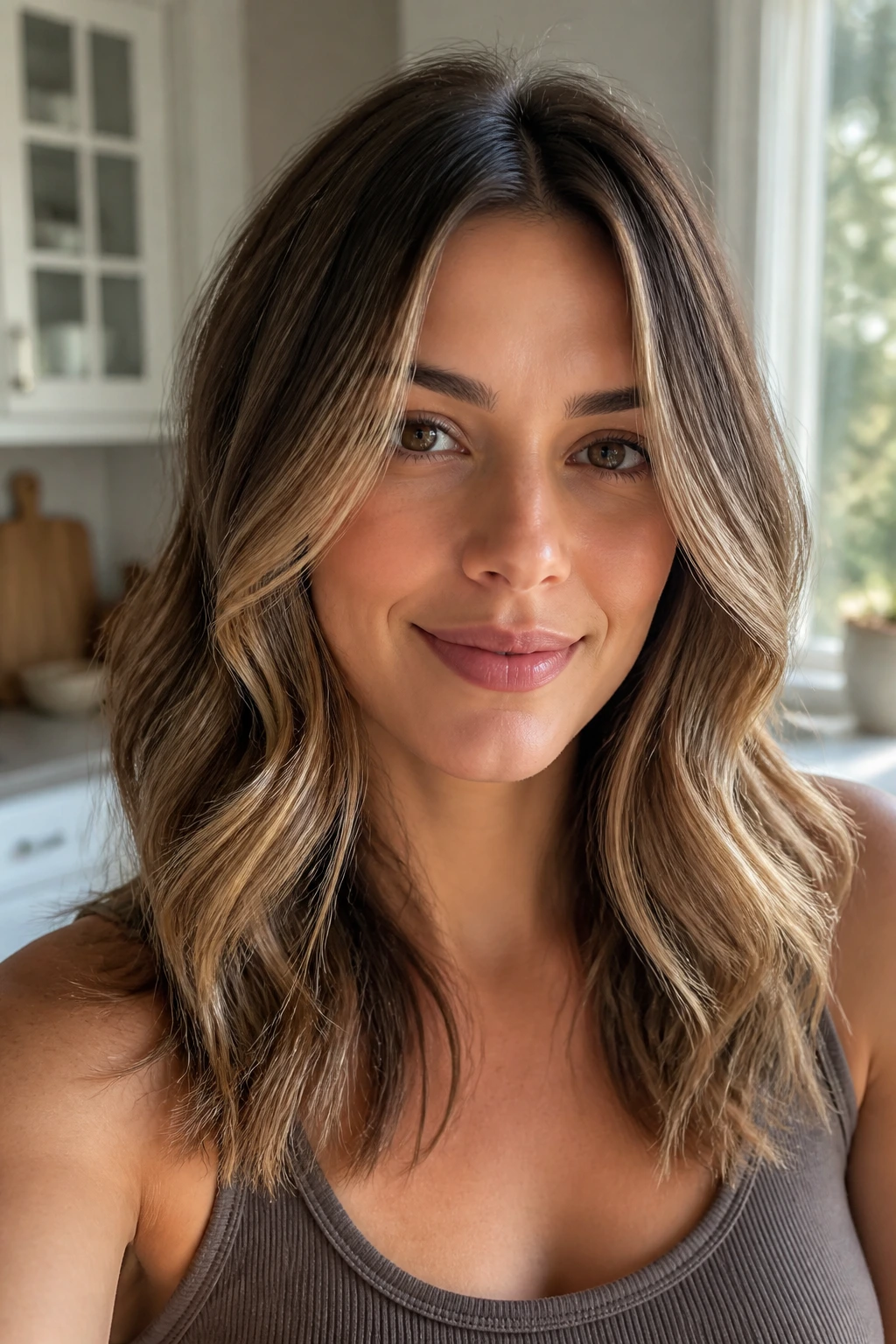 Brunette with oatmilk blonde babylights in a calm, medium-length wave.