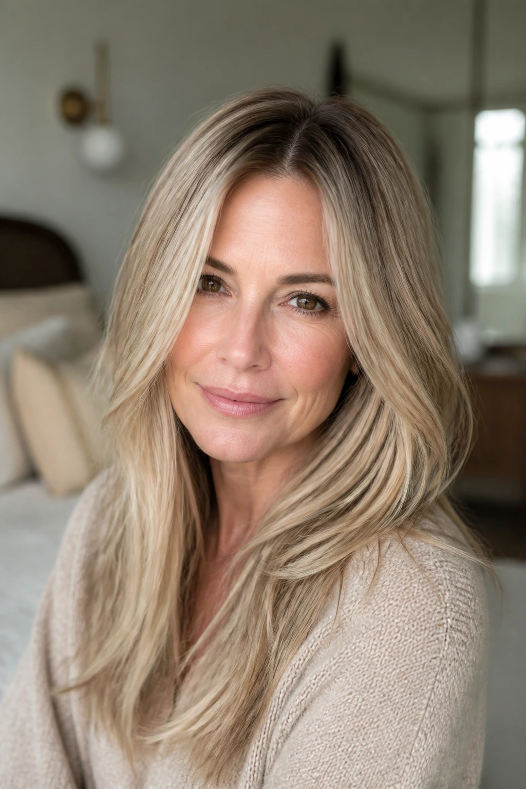 Close-up portrait of a real woman with oatmilk blonde hair and rooty beige depth