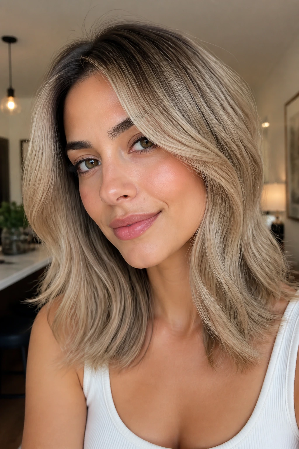 Close-up portrait of a real person with oatmilk midlength layers hair