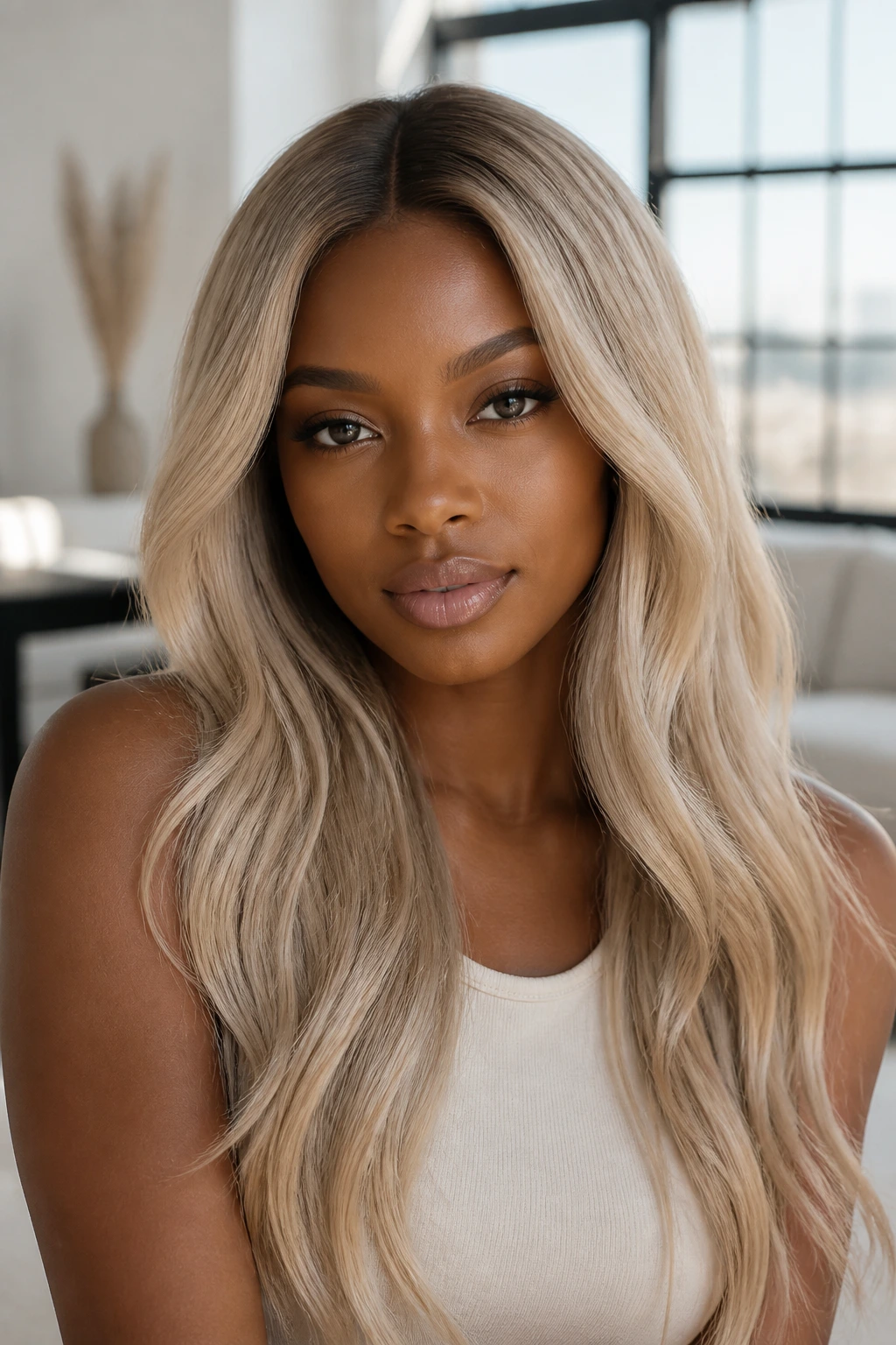 Close-up of oatmilk blonde hair with root shadow on a person