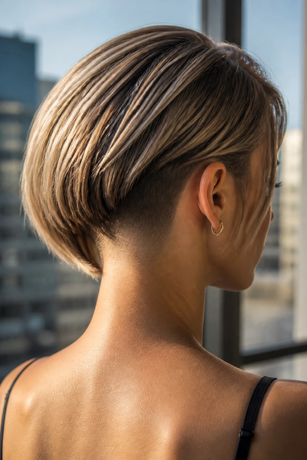 Rear view of occipital-line bob with shaved nape on a real person