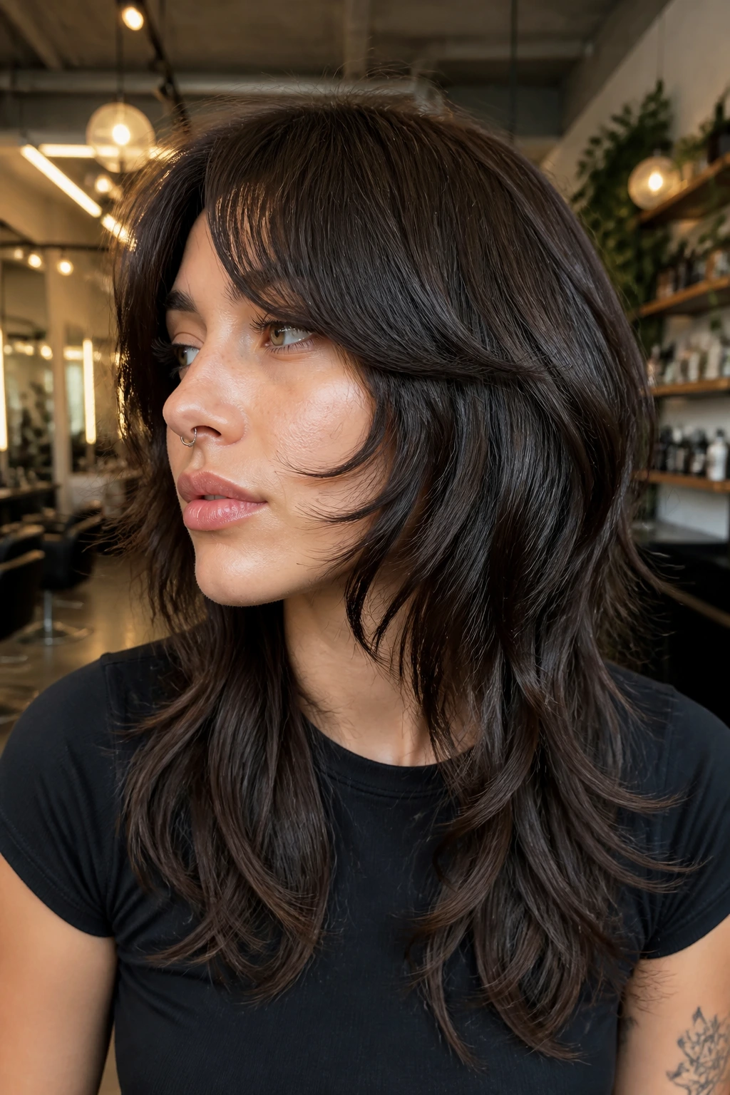 Close-up of a real person with Octopus Cut featuring rounded crown and curtain bangs