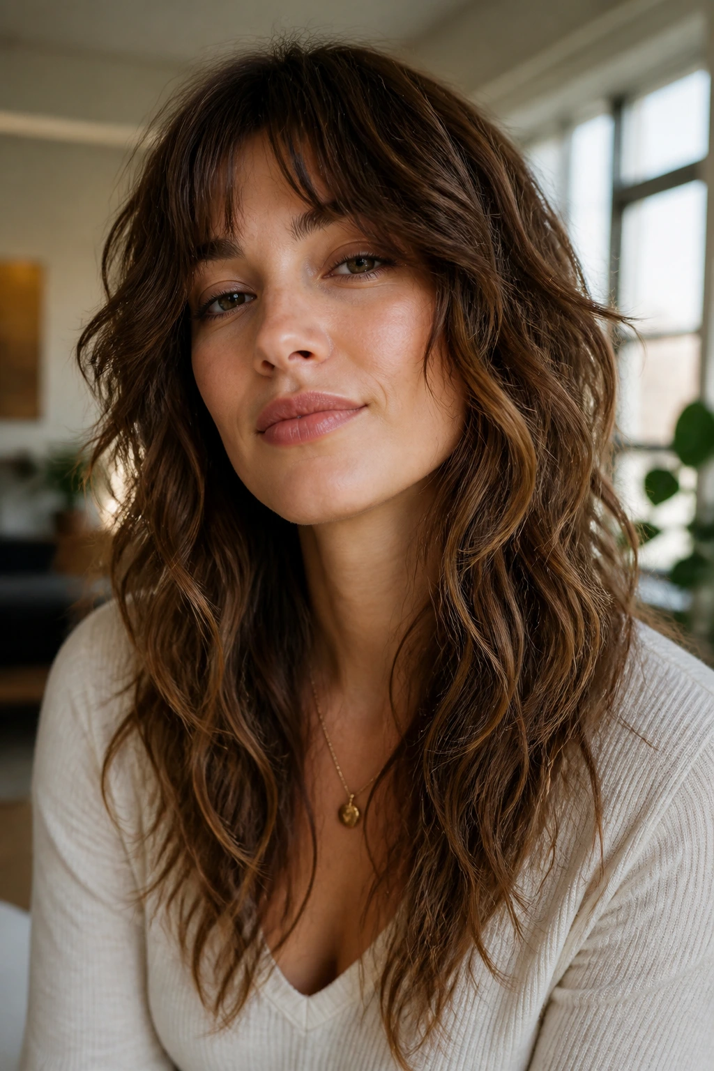 Close-up portrait of real person with octopus-lite shag, round silhouette and lifted top layers