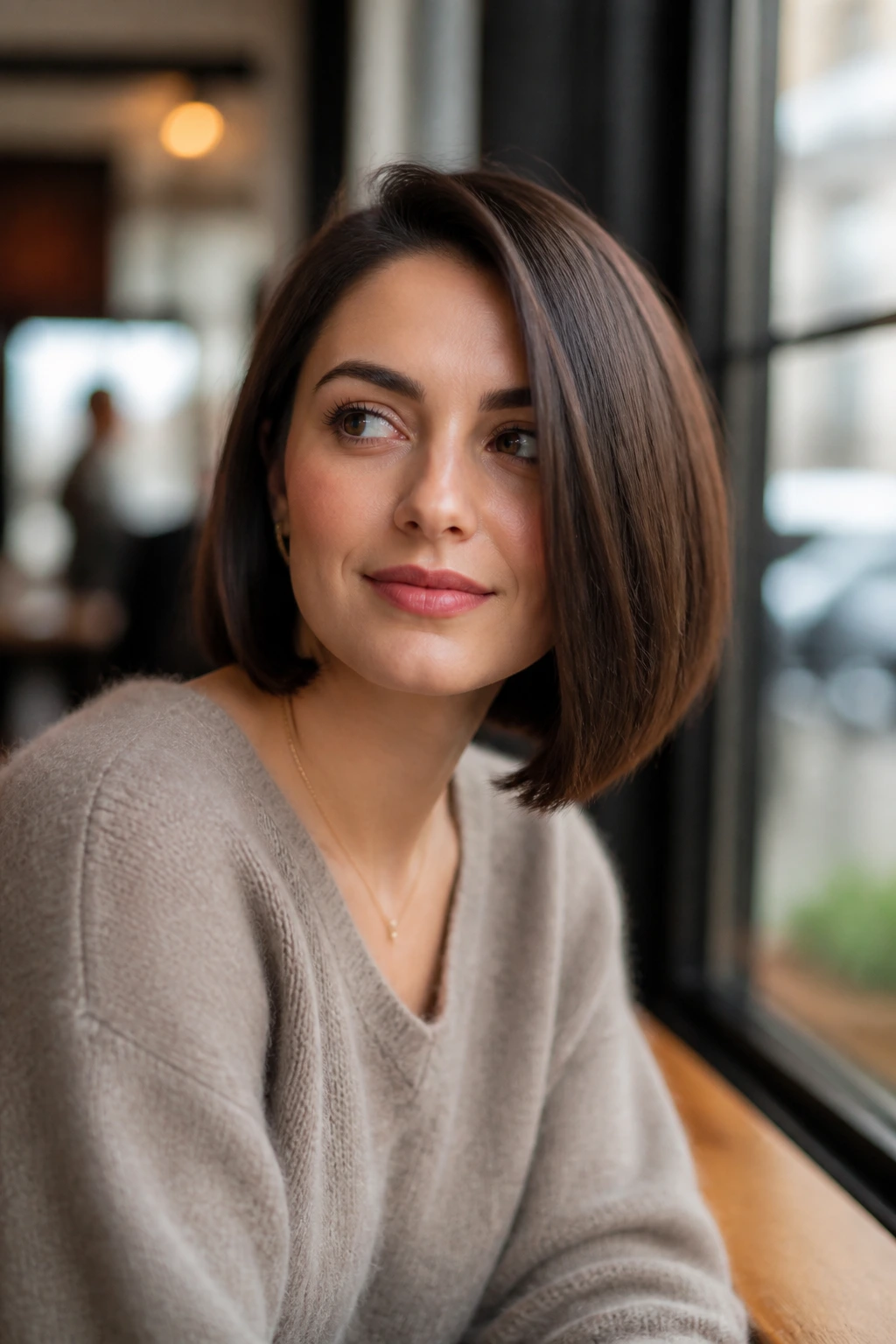 Close-up of a woman with an off-center blunt bob brown hair