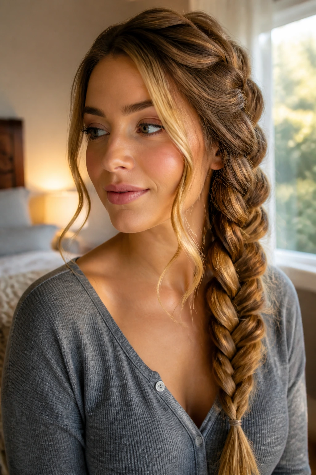 Close-up of a real woman with an off-center French braid and loose face-framing pieces in warm bedroom light