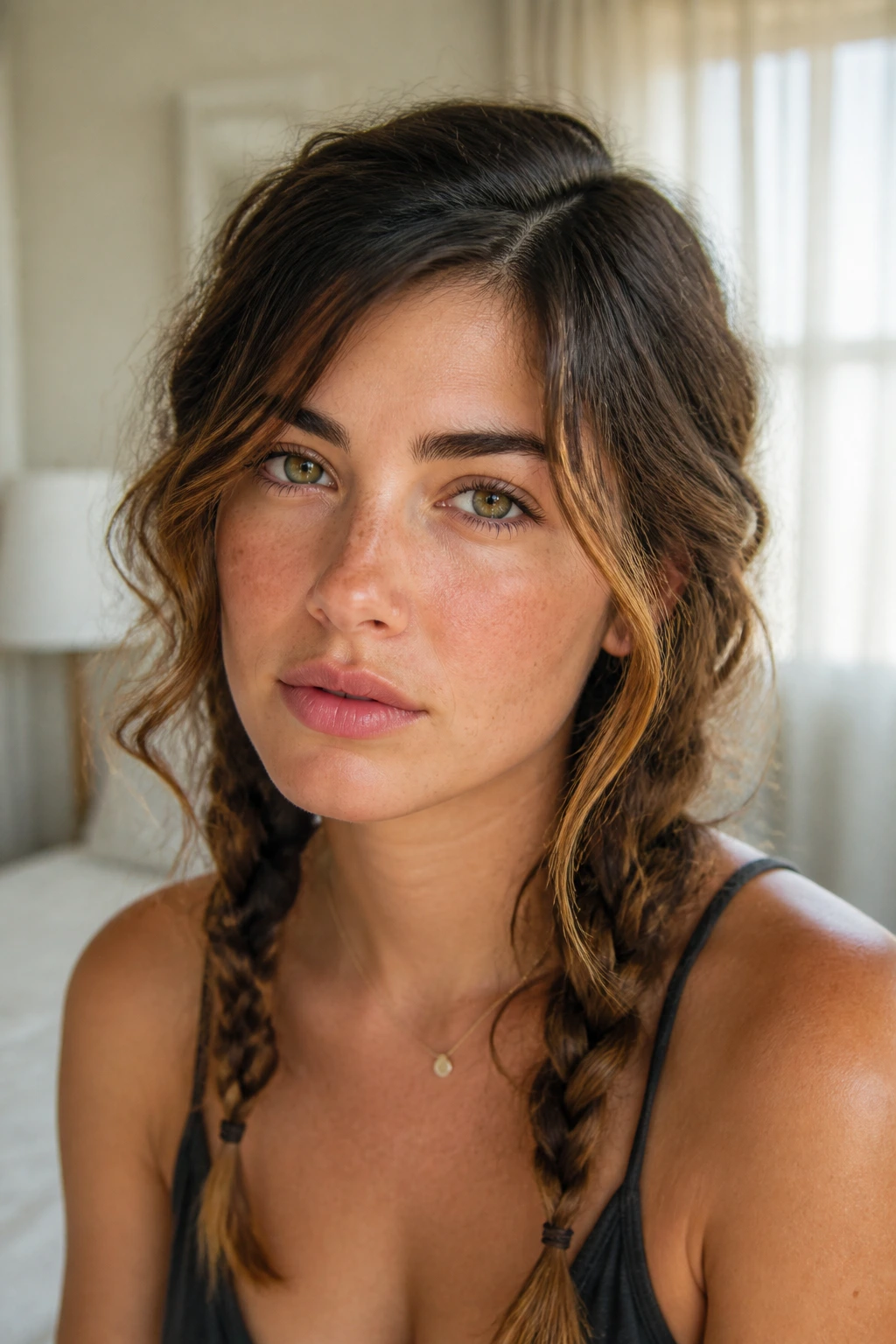 Close-up of a real woman with off-center part and loose braids creating soft waves in natural light