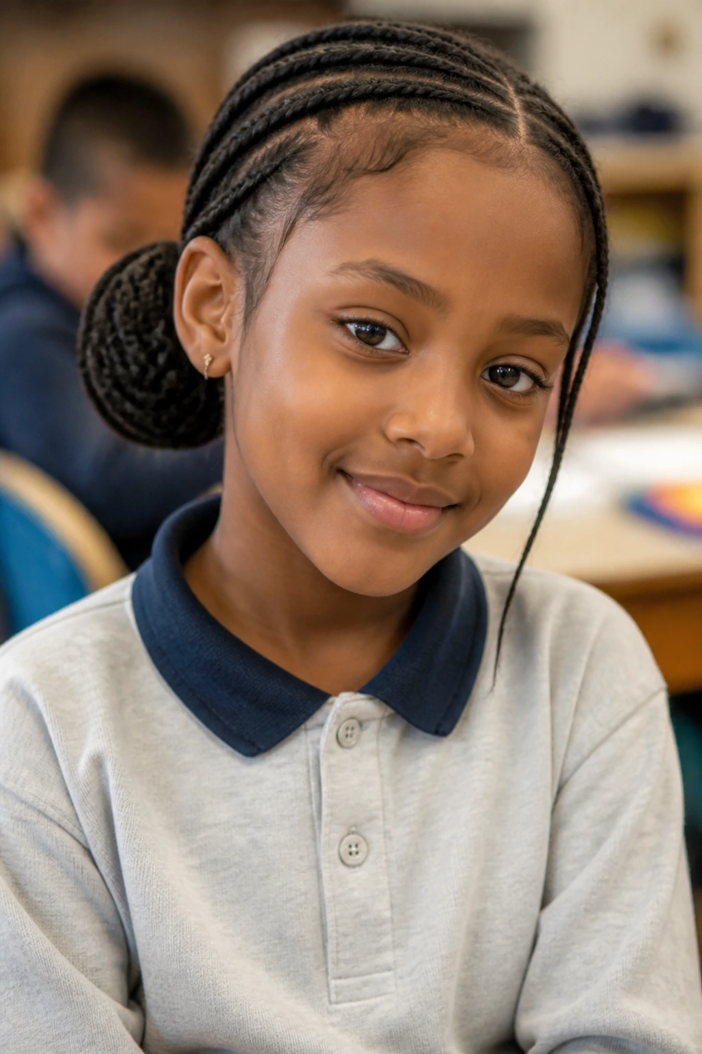 Close-up of a real child with an off-center bun.