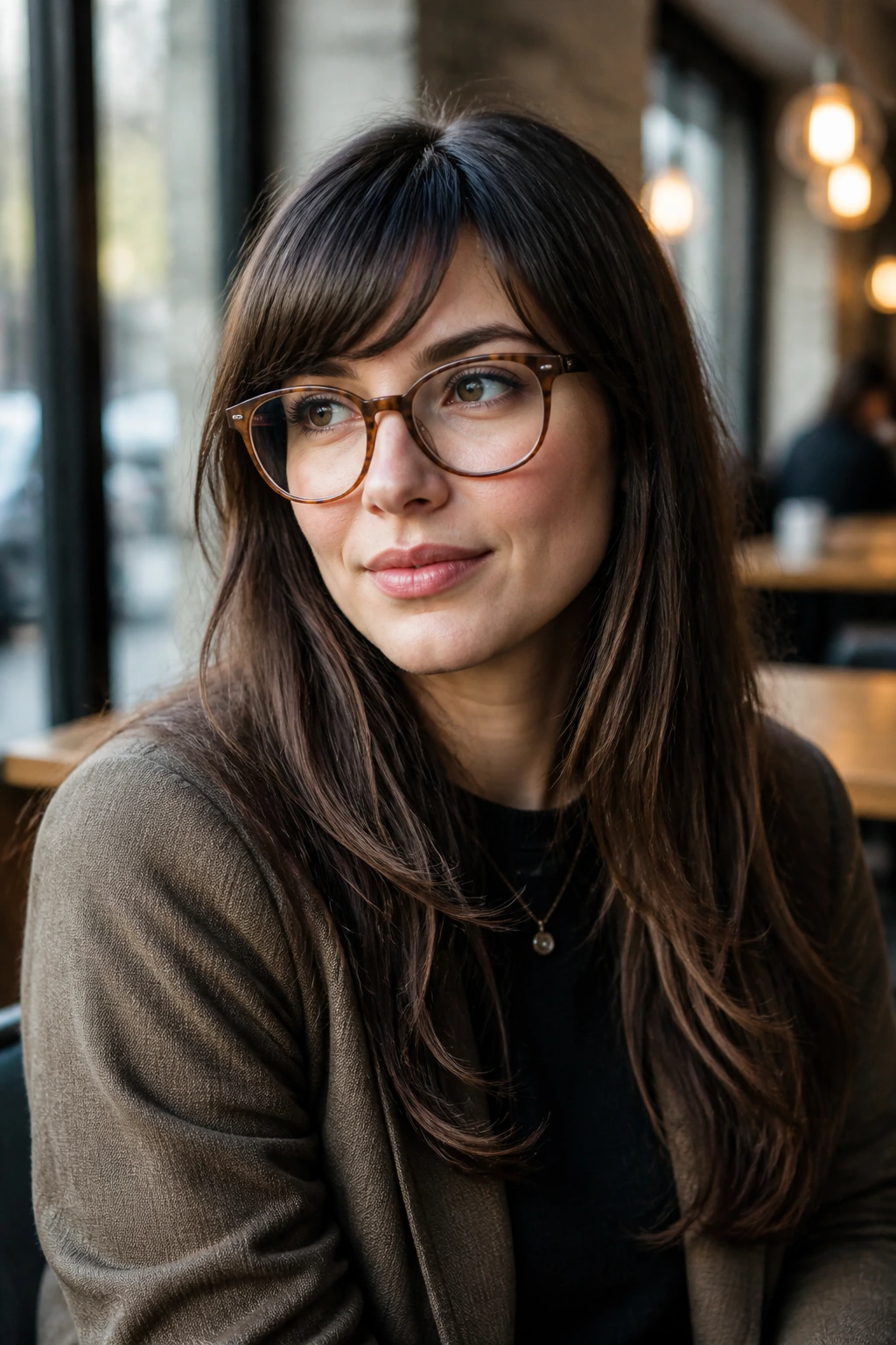 Portrait of a woman with off-center crescent bangs in a cafe light