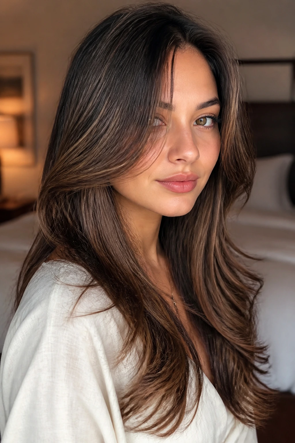 Close-up of a real woman with an off-center part and crescent face-framing layers