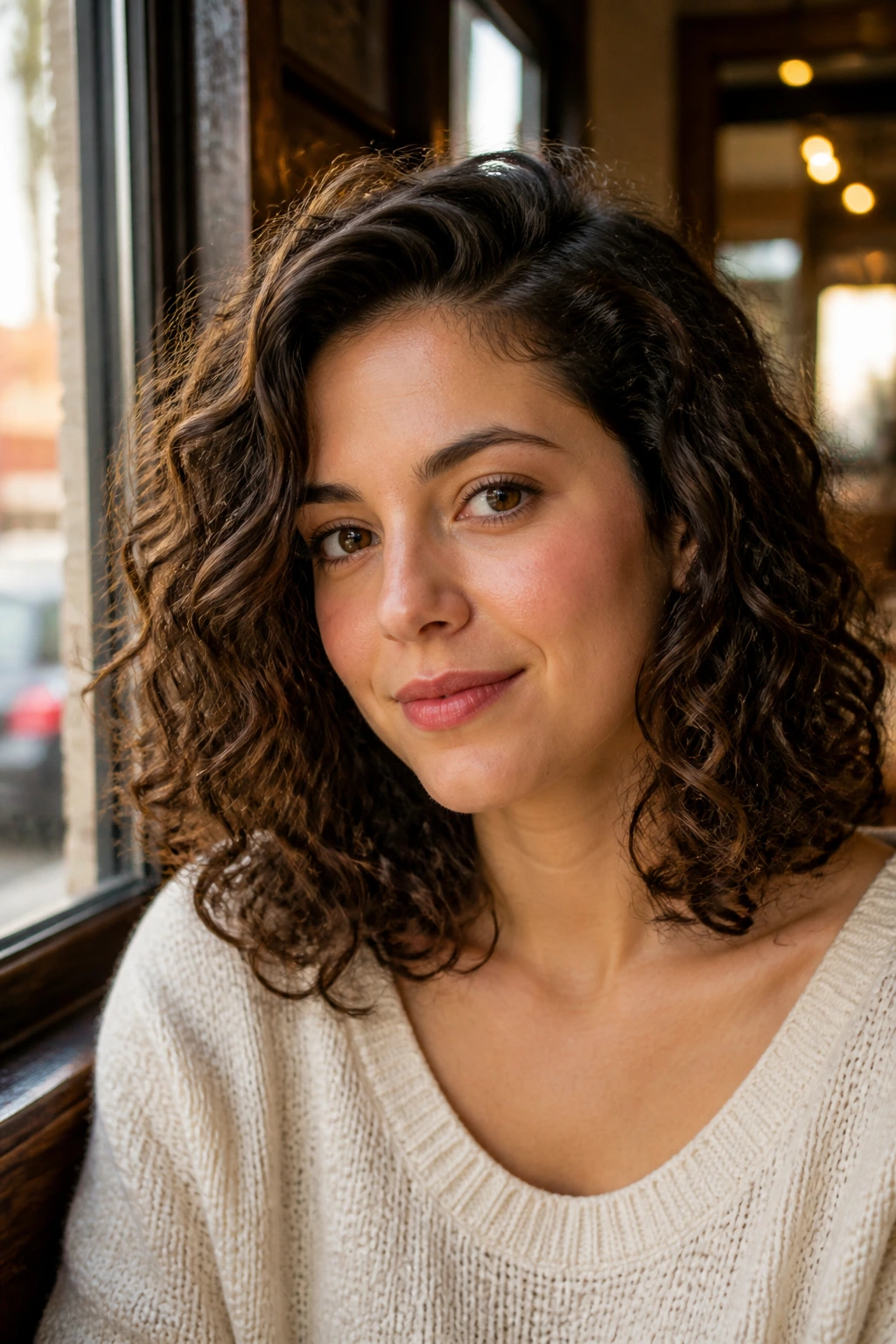 Close-up of off-center curly lob on a real woman.