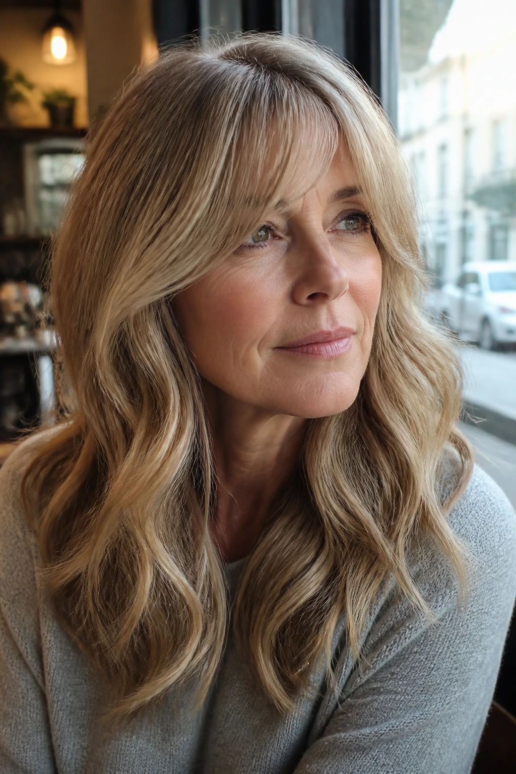 Real woman with off-center curtain bangs and loose waves at a cafe window seat.