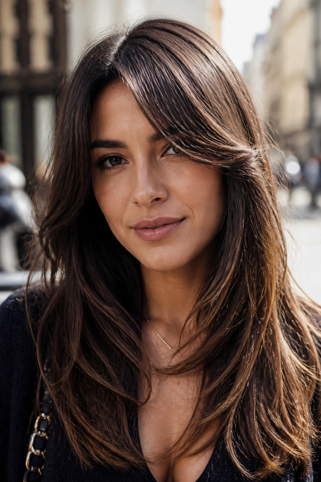 Close-up portrait with off-center curtain sweep.