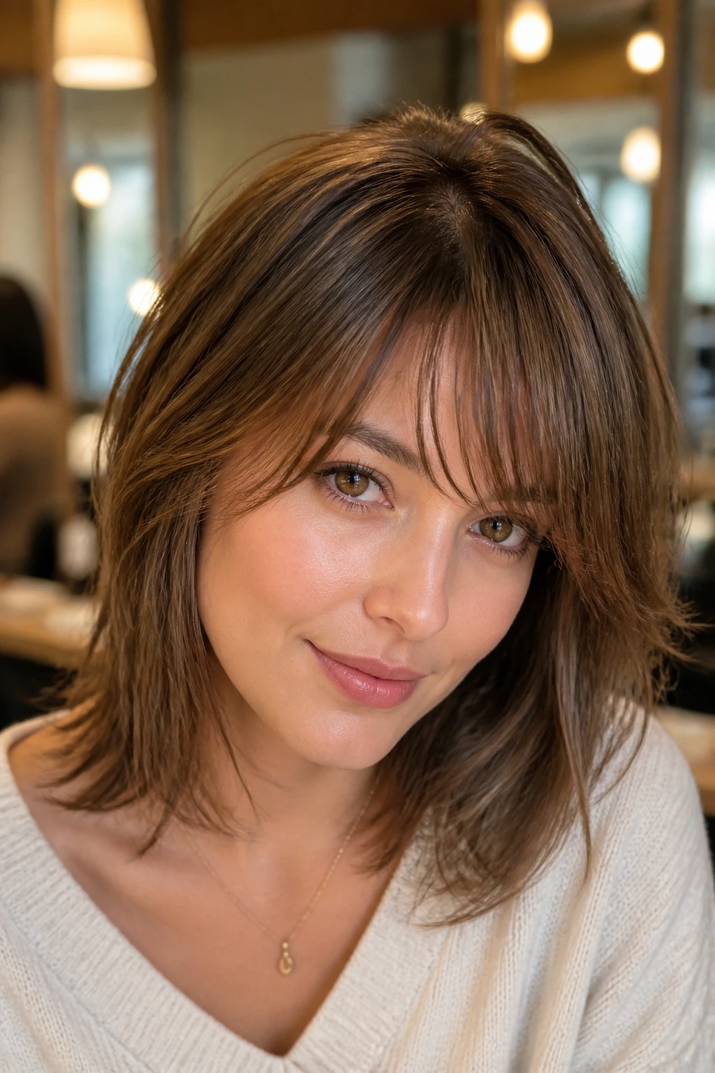 Close-up of a woman with off-center feathered bangs