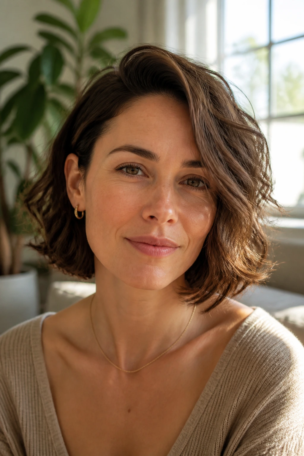 Close-up of a woman with a soft off-center French bob in a sunlit living room