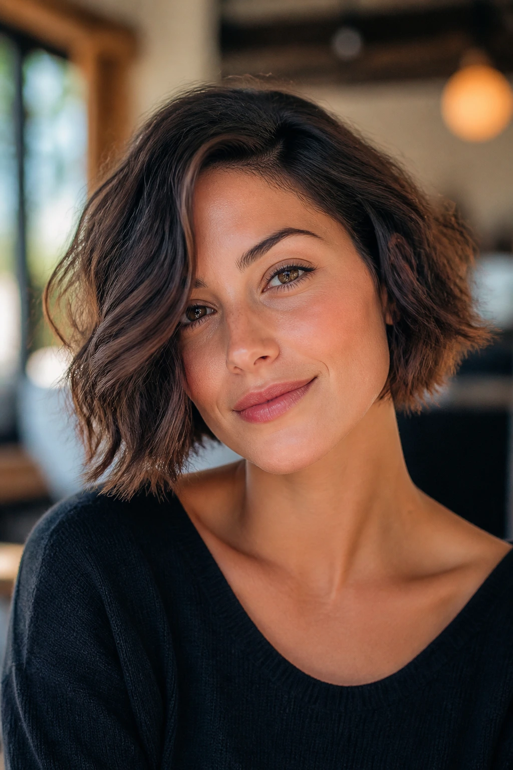 Real woman with an off-center French bob, shown in natural light.