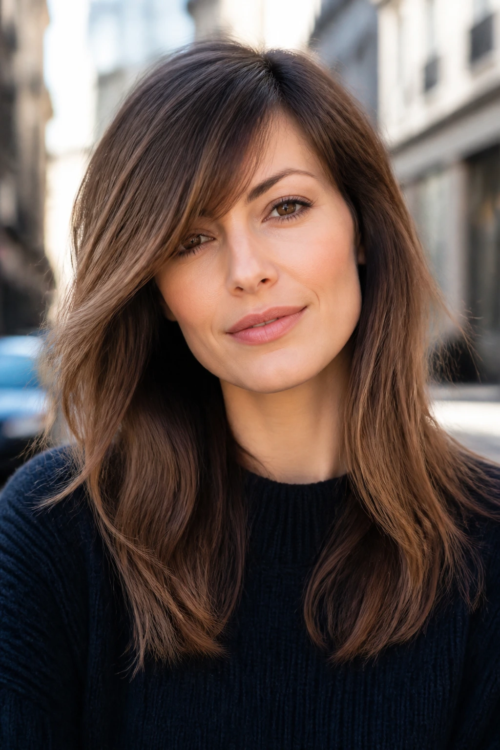 Real woman with off-center fringe breaking the boxy line in daylight