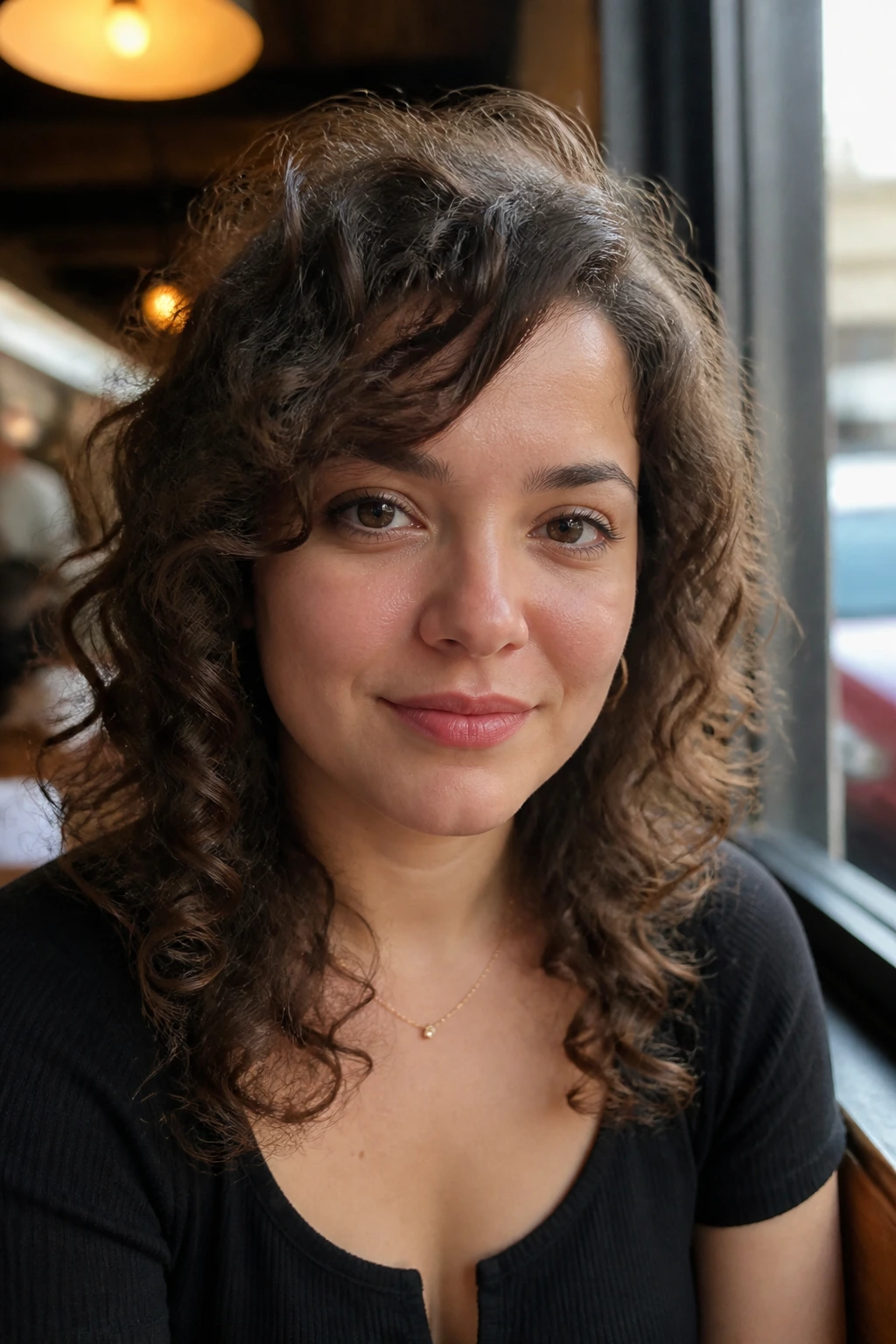 Close-up of a real woman with an off-center fringe and high forehead