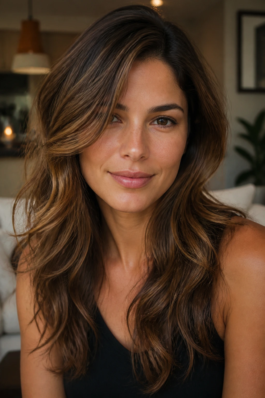 Close-up of real woman with off-center part and softly waved hair