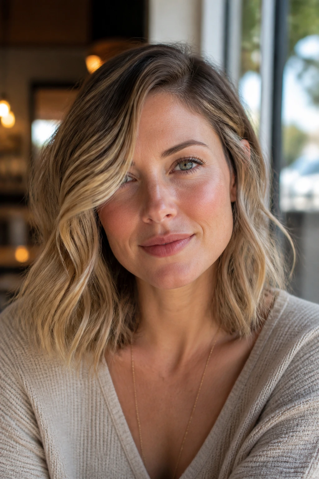 Close-up of a real woman with off-center lob and cheekbone pieces