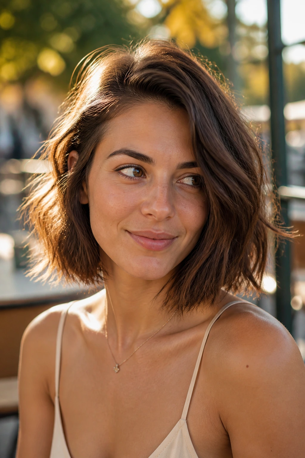 Close-up of a real woman with an off-center lob and chin-skimming front pieces.