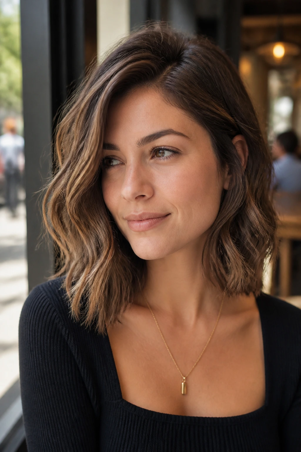 Close-up of a real woman with The Off-Center Part Lob, off-center part and wavy lob in daylight.