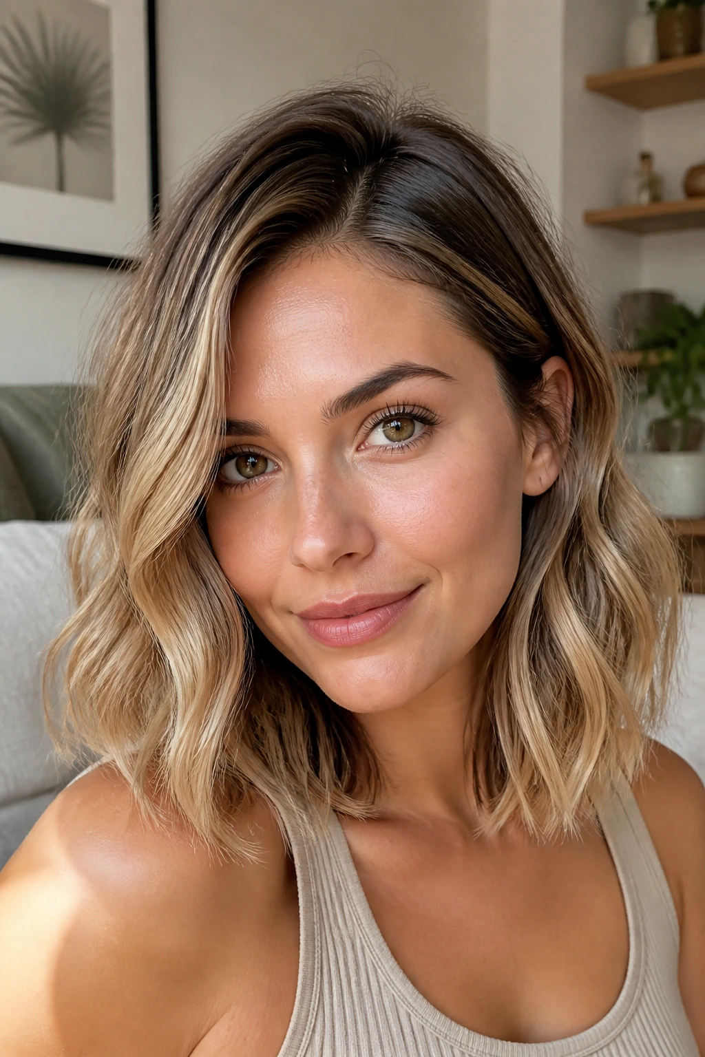 Close-up portrait of a real person with an off-center part lob and polished roots