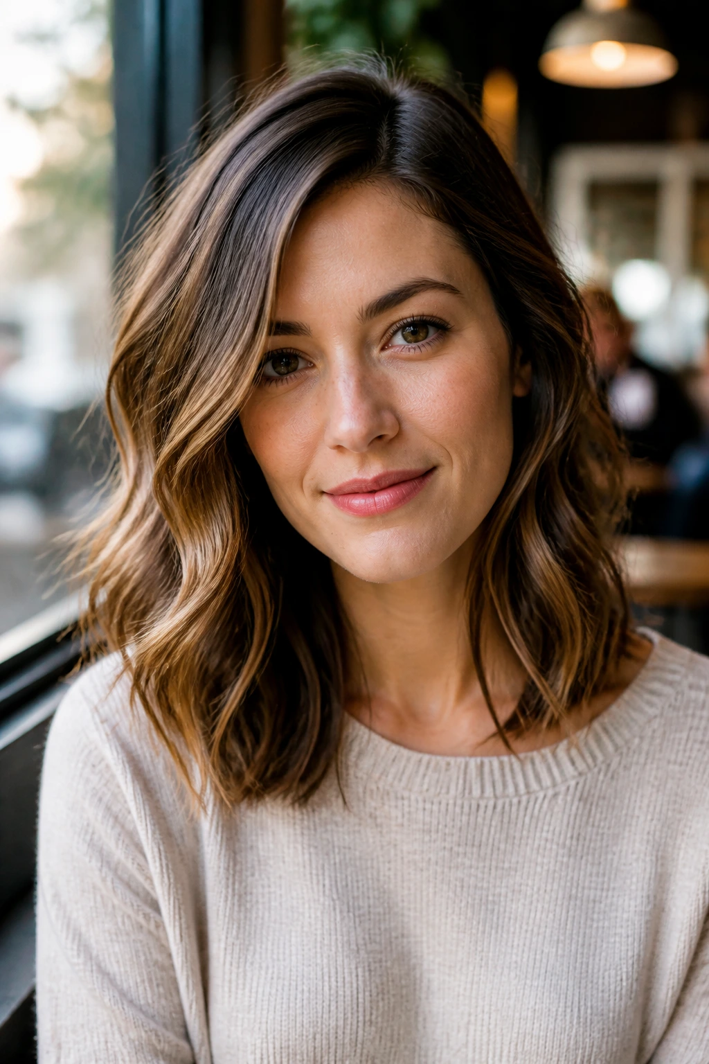 Portrait of woman with off-center lob and soft S-waves