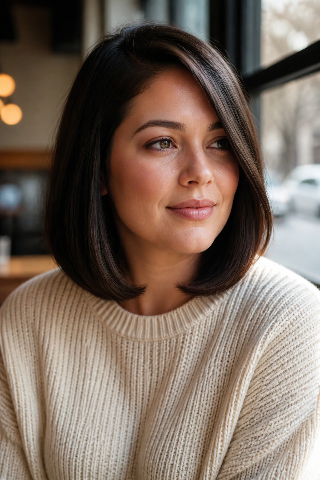 Portrait of a real woman with an off-center lob and soft bend