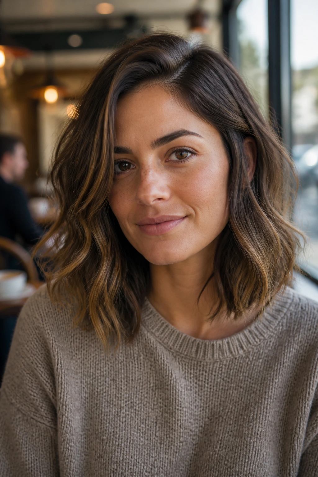 Close-up of a real woman with an off-center part and broken waves