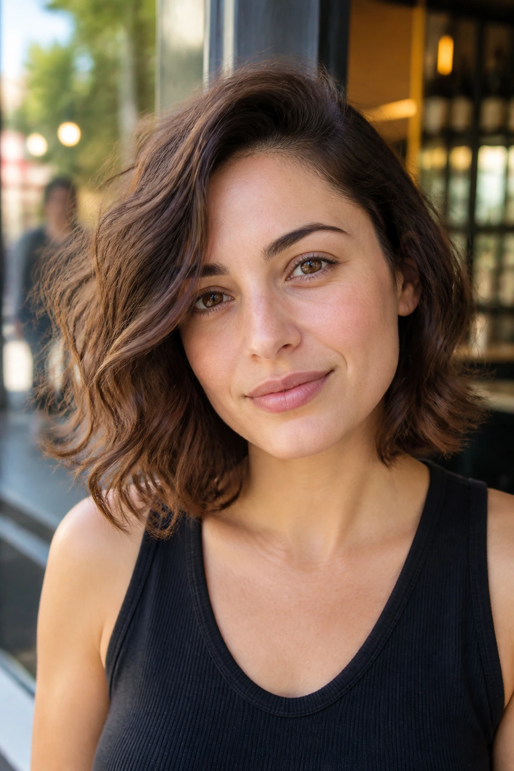 Close-up portrait of a real woman with an off-center part bob