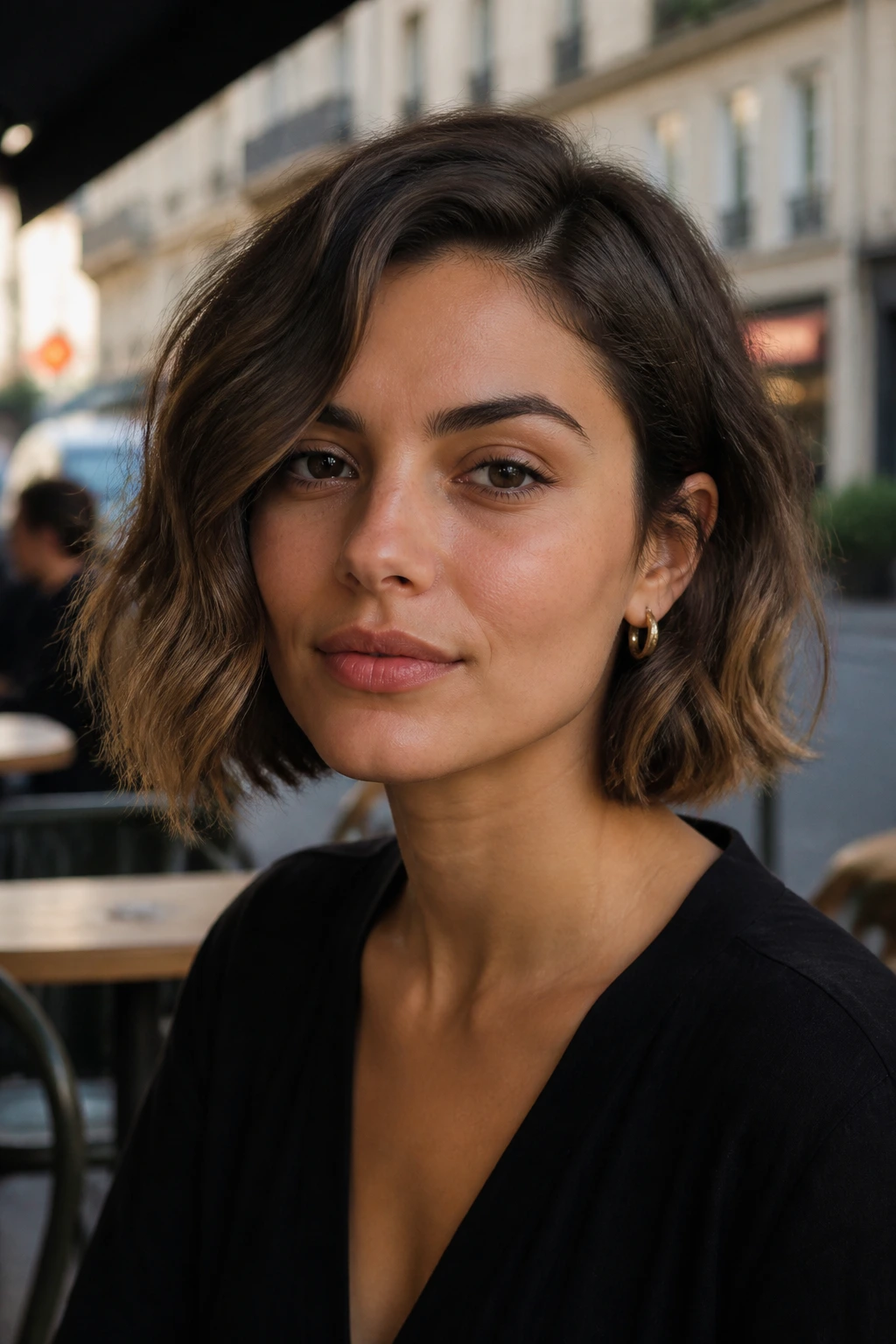 Real woman with off-center part bob in natural daylight.