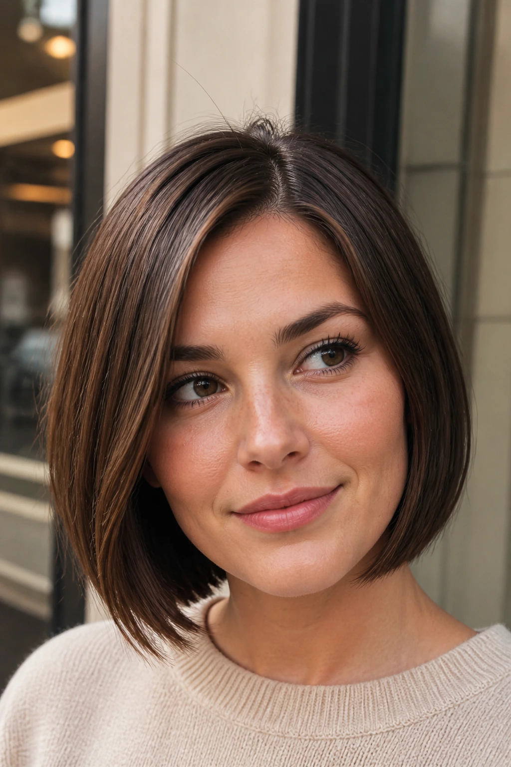 Close-up of a real person with an off-center part bob creating a slimming diagonal line