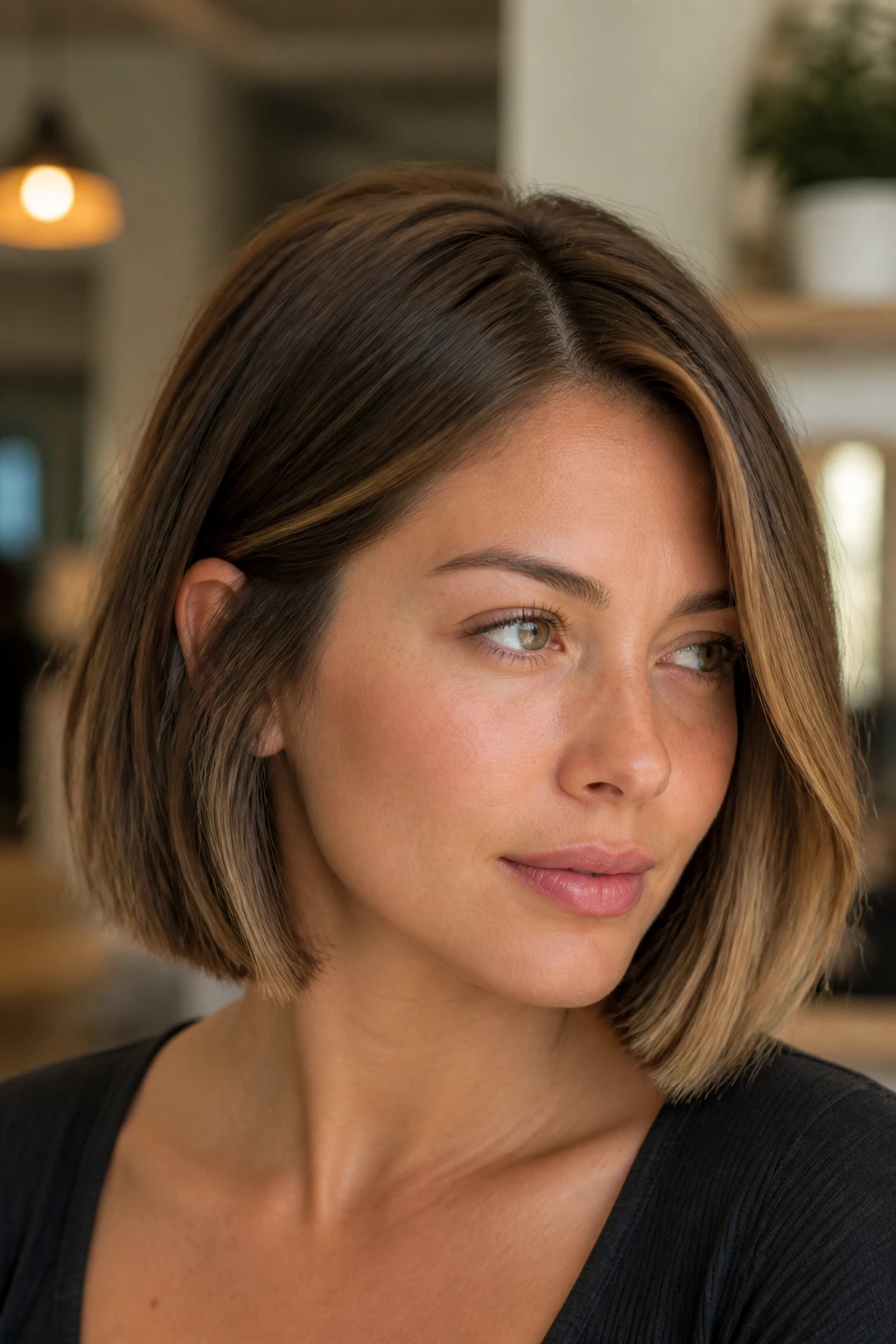 Portrait of a real woman with off-center part bob and hidden layers