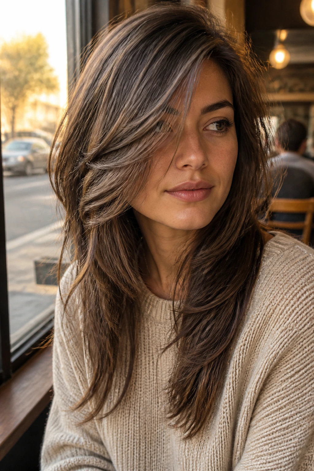 Close-up portrait of a real woman with off-center part and cascading layers in a cafe window setting