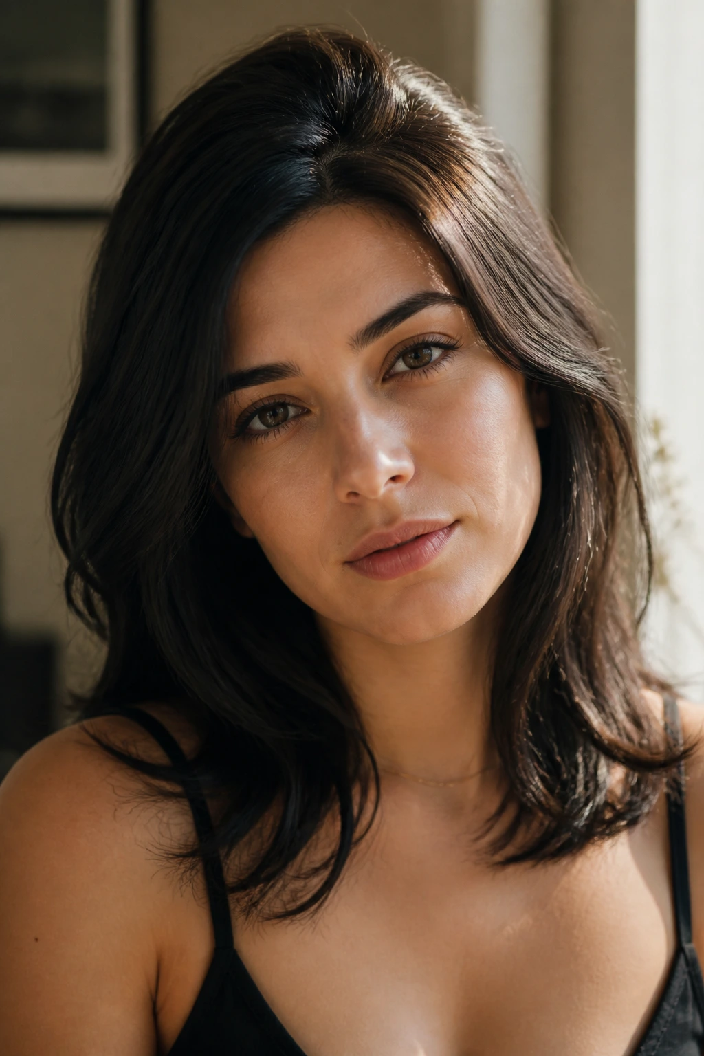 Portrait of a woman with off-center part and lifted crown in dark hair