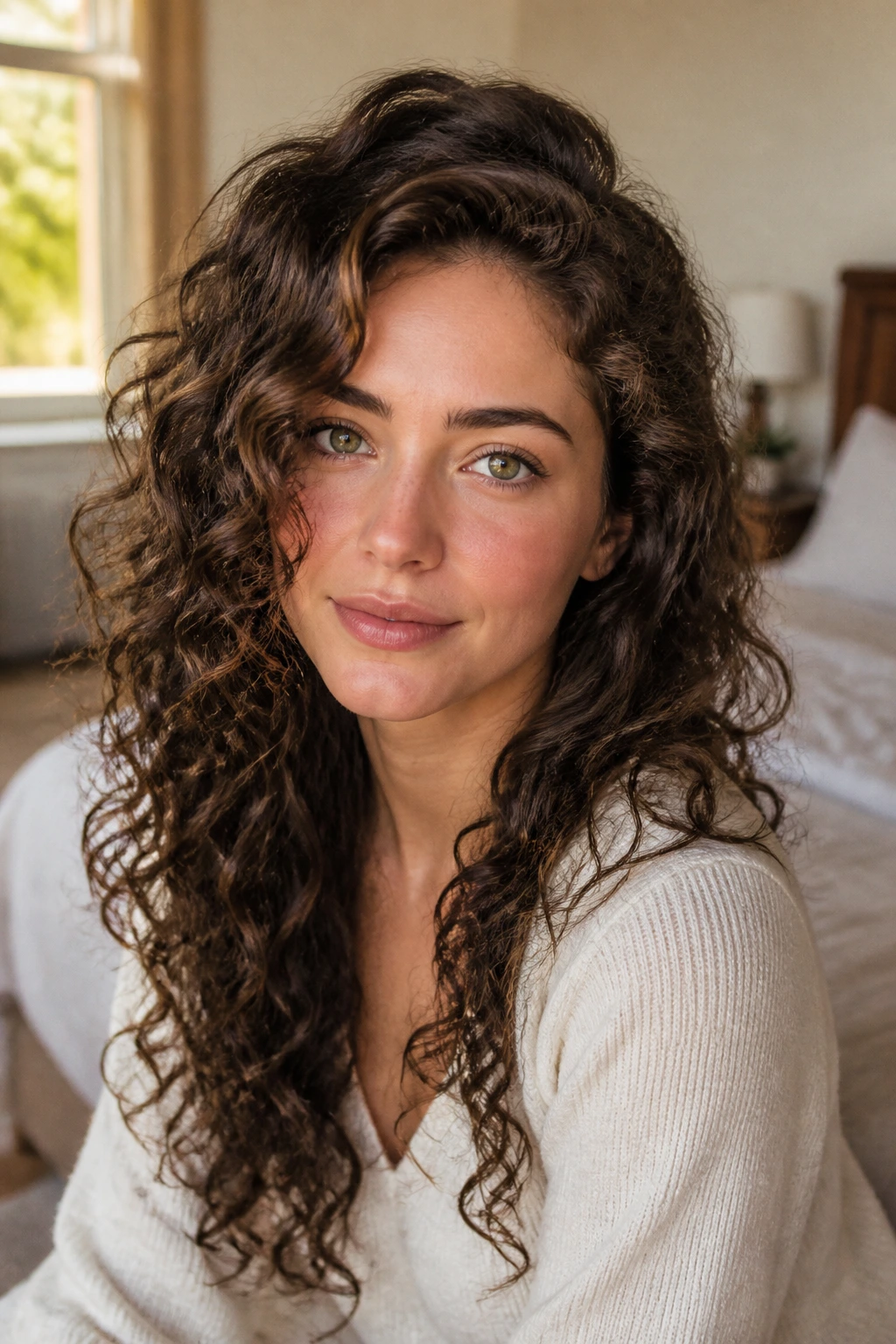 Close-up portrait of a real woman with long curls and an off-center part for balanced heart-shaped face