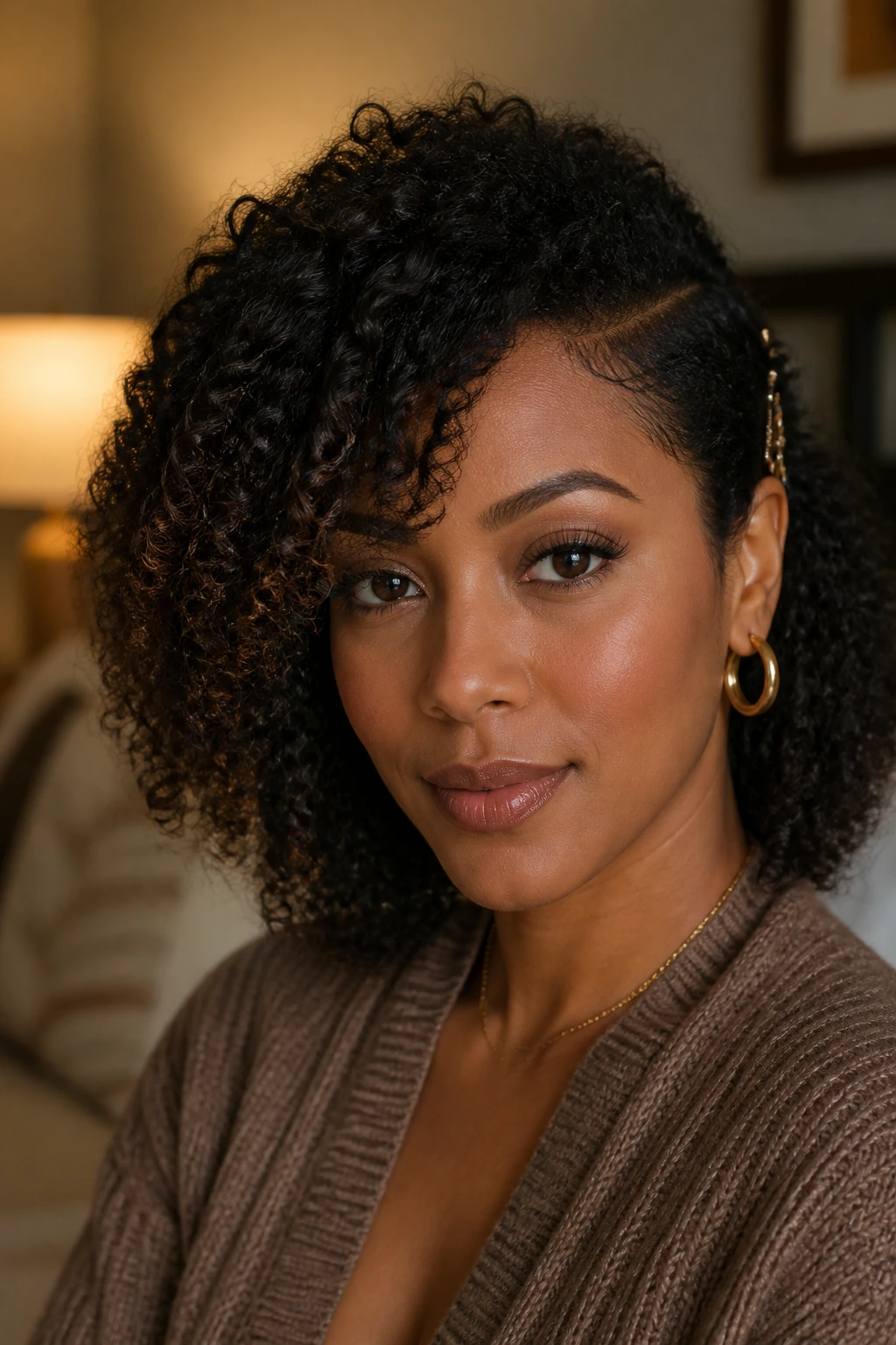 Close-up of a woman with off-center part and pinned side curls