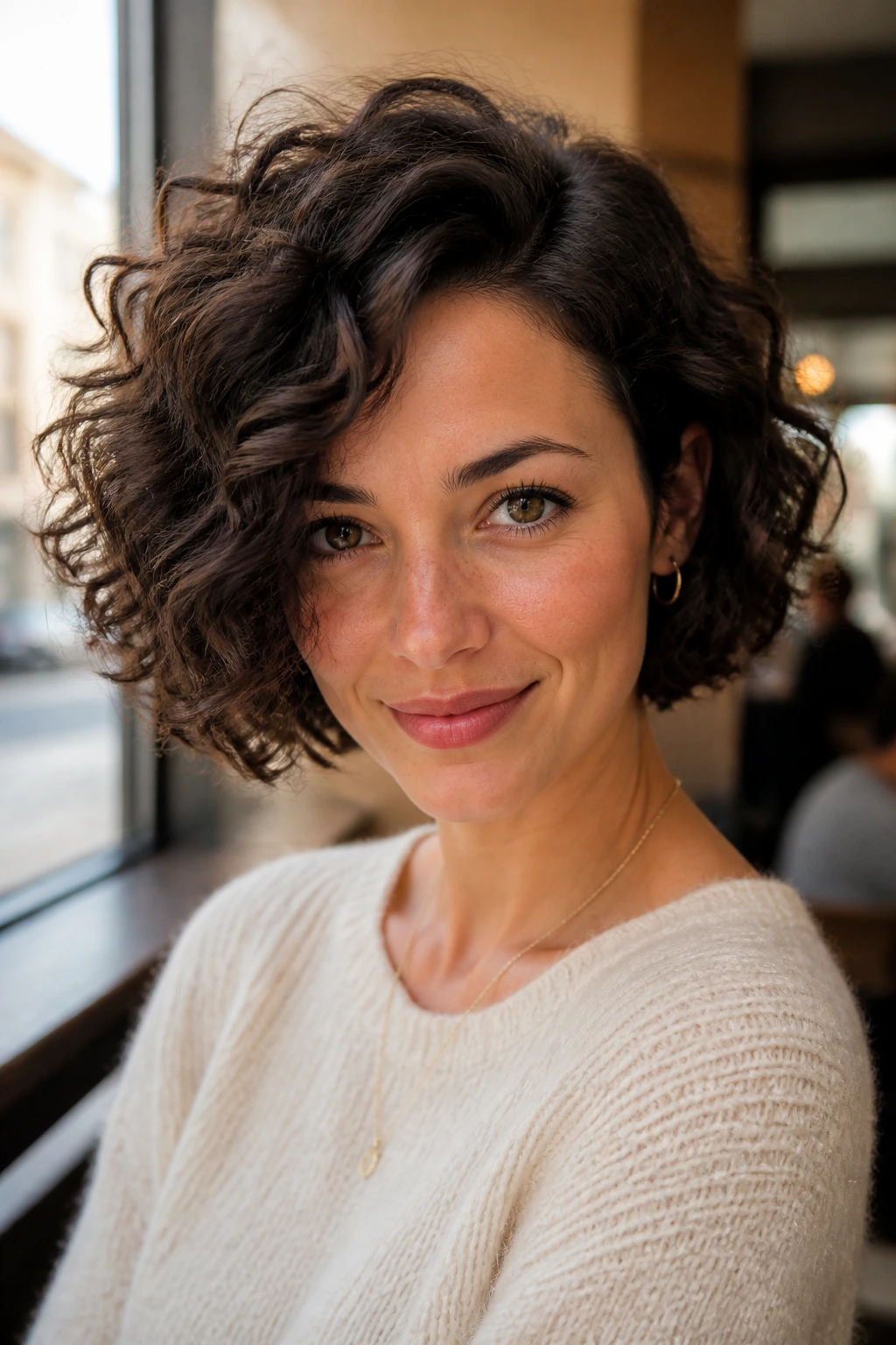 Close-up of a real woman with an off-center part curly bob and loose volume in a cafe setting