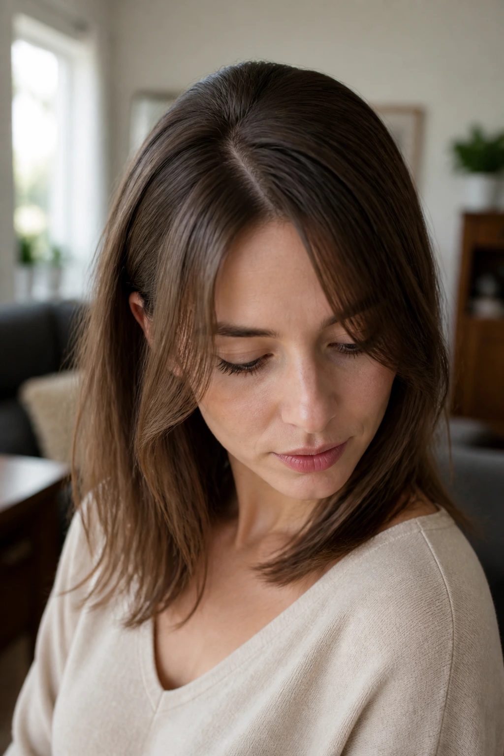 Portrait of a woman with a deep off-center part and uneven curtain bangs