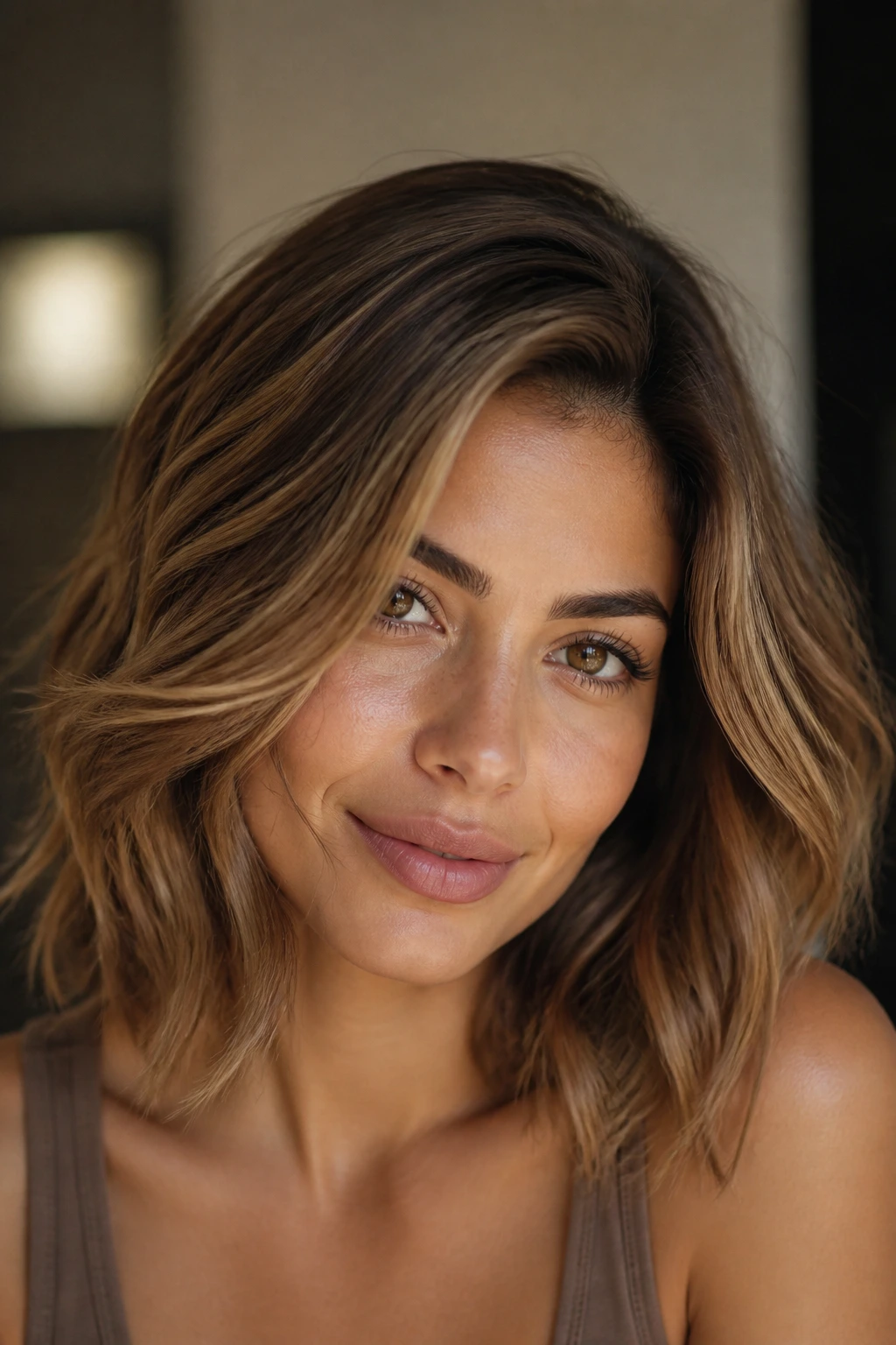 Close-up portrait showing off-center part and subtle lowlights for fullness