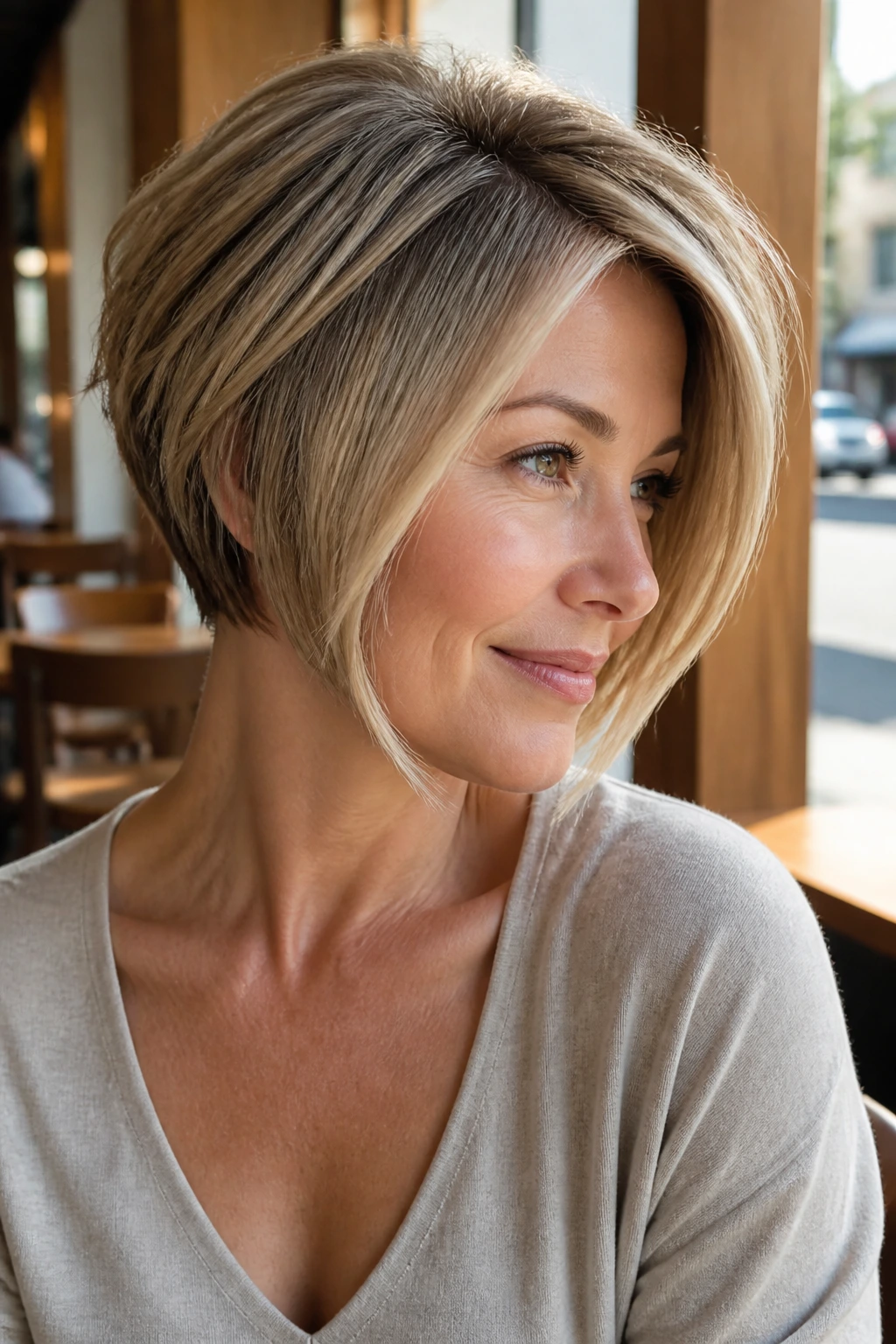 Portrait of a real woman with an off-center part and diagonal-framed bob in a cafe setting