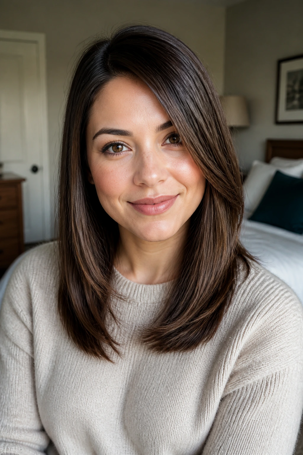 Close-up portrait of a real woman with an off-center part and draping layers shaping her face.