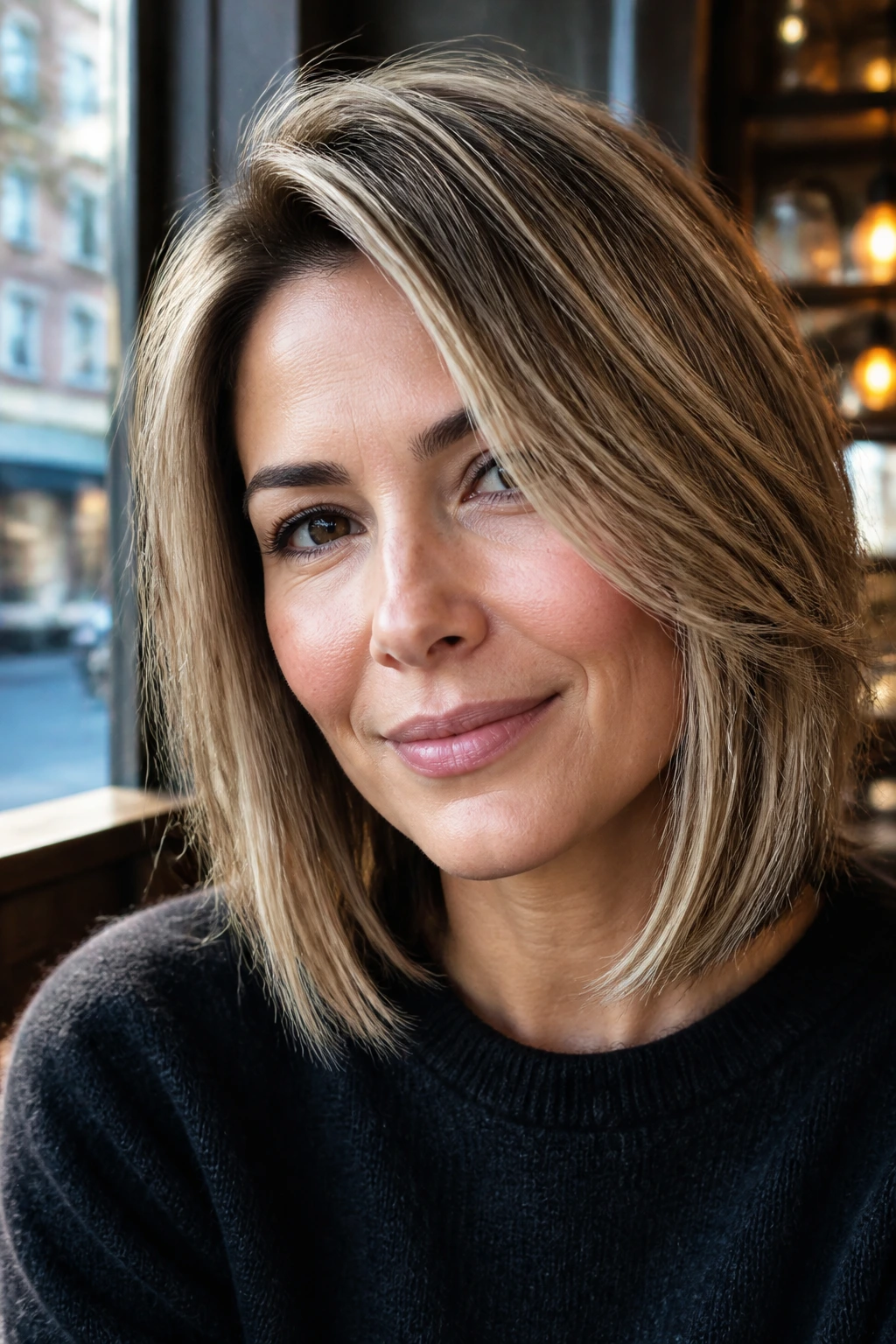 Close-up of real woman with off-center part and layered lob