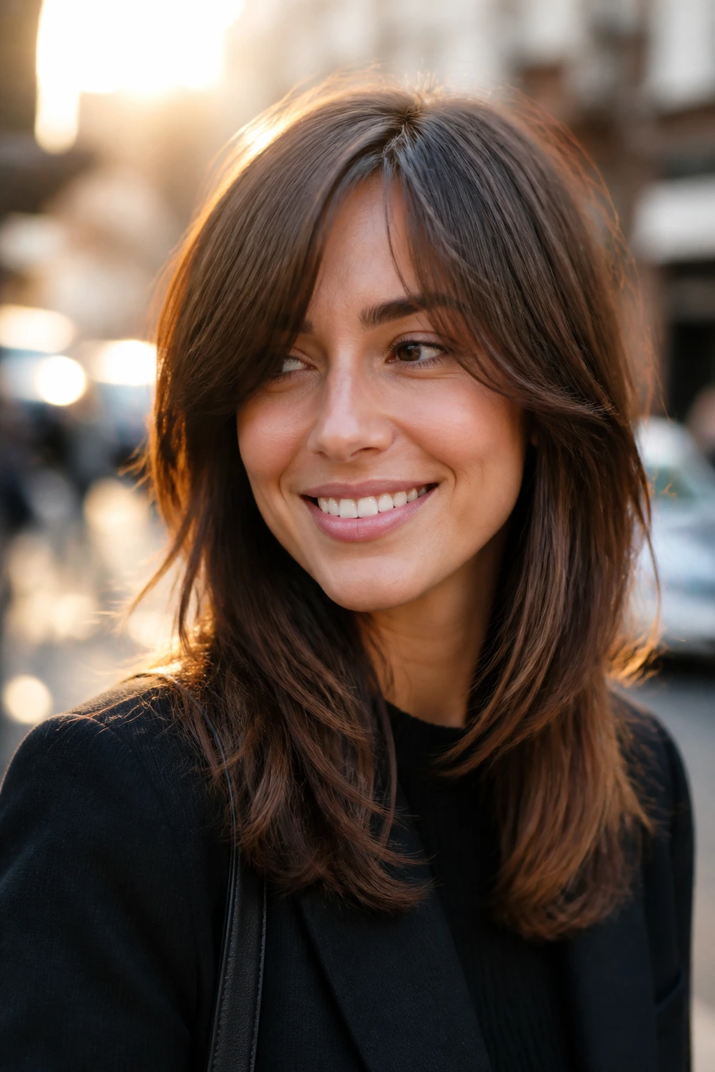 Close-up of a real person with off-center curtain bangs and layered sides in golden hour street light