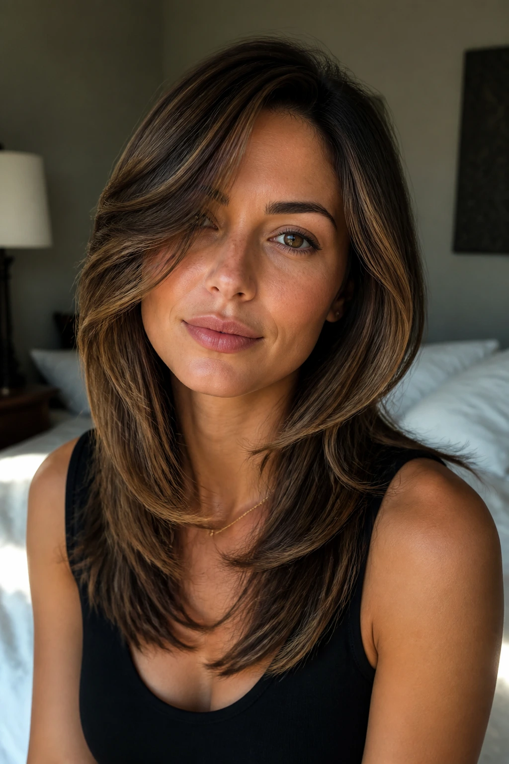 Portrait of a woman with an off-center part and jaw-skimming layers in soft morning light