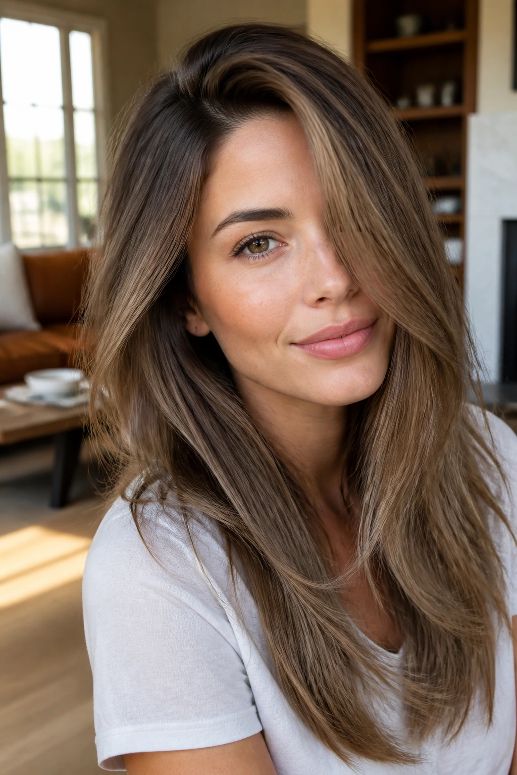 Close-up of a real person with an off-center part showing lifted roots