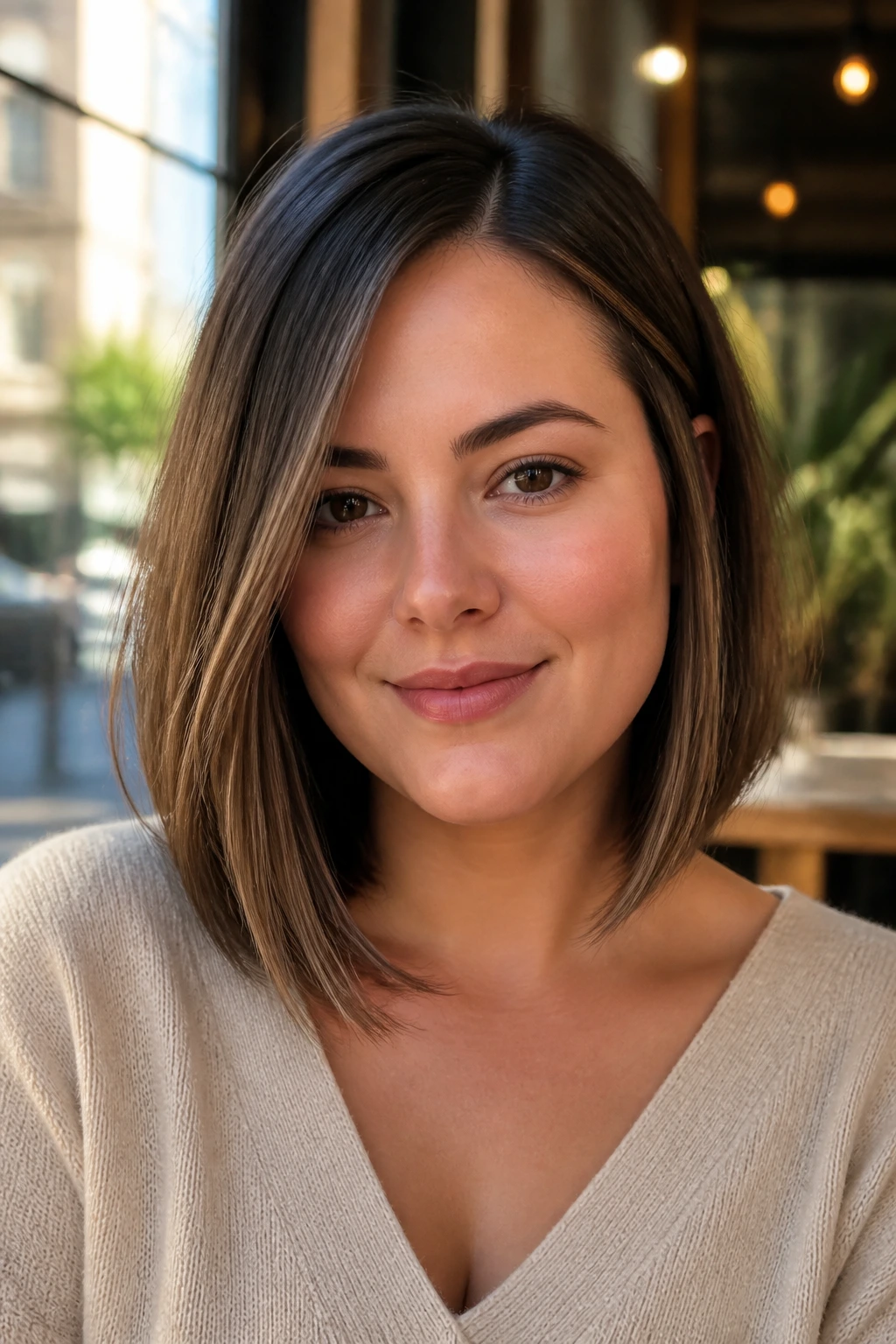 Portrait of a woman with an off-center part lob.